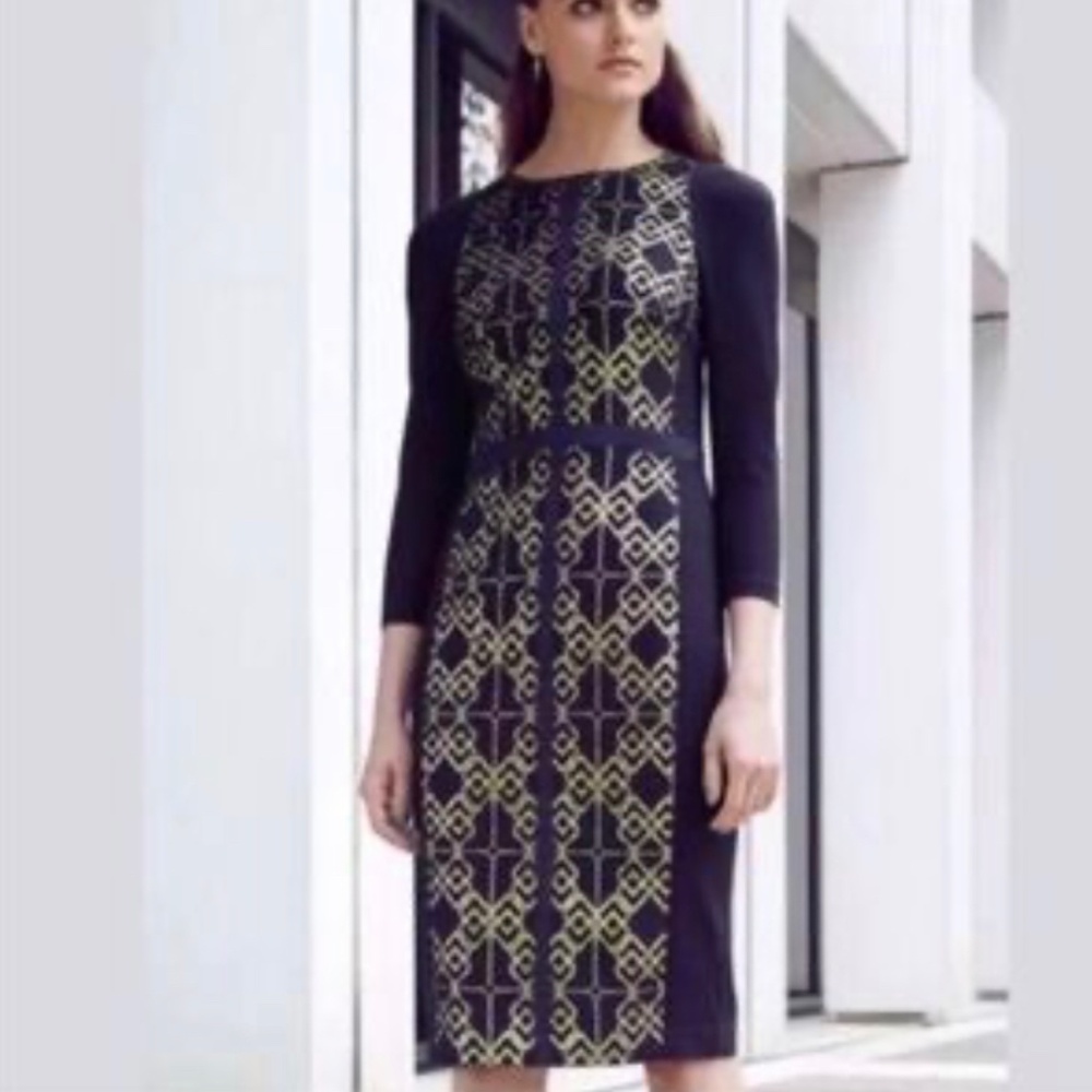 Ted Baker Midi Dress, Golden and Black Form Hugging
